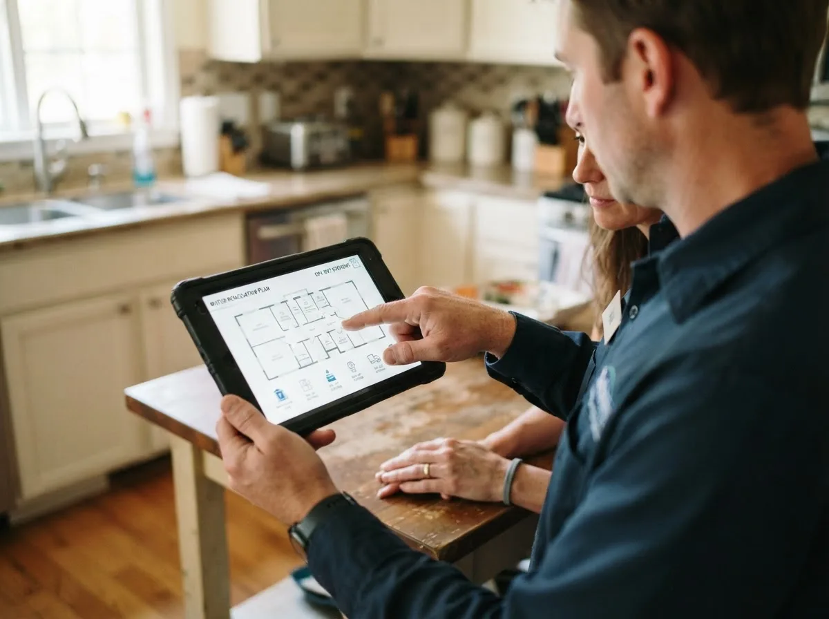 Water damage restoration technician inspecting a home in Kanawha Head, WV